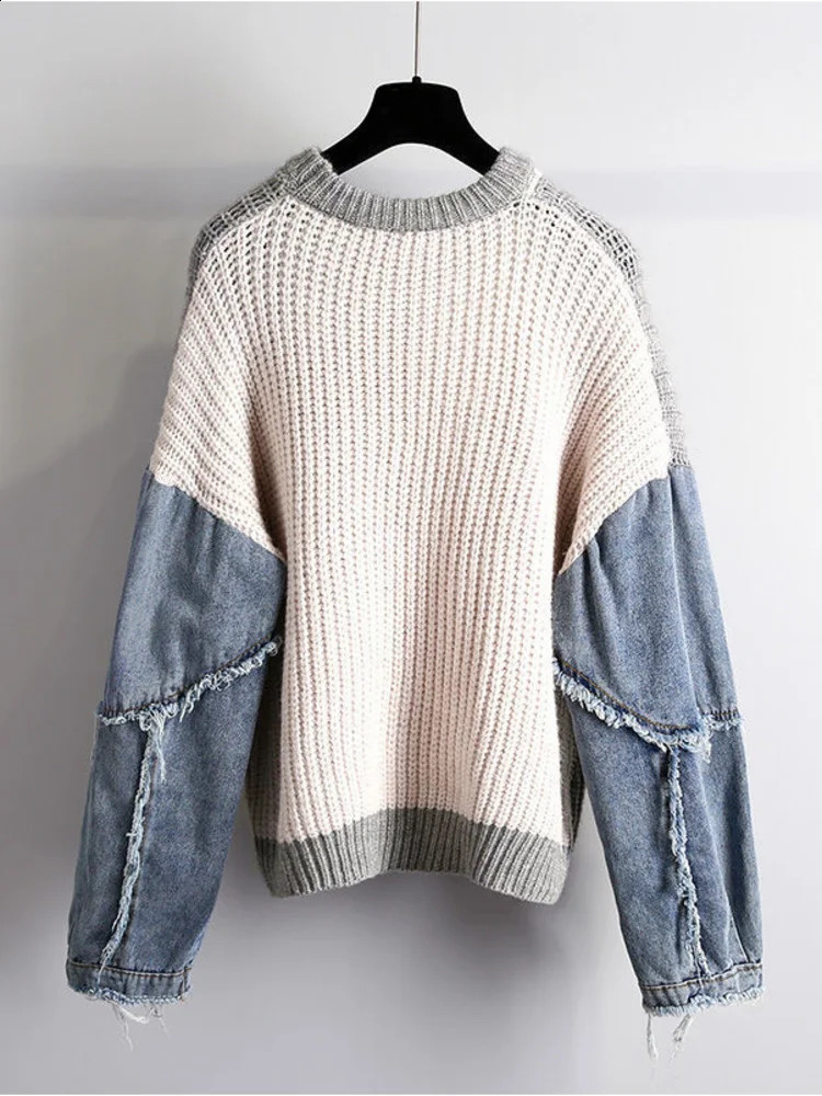 Fashion Hiphop Denim Stitching Sweater Womens Autumn And Winter n Sense Loose Lazy Retro Pullover 241021