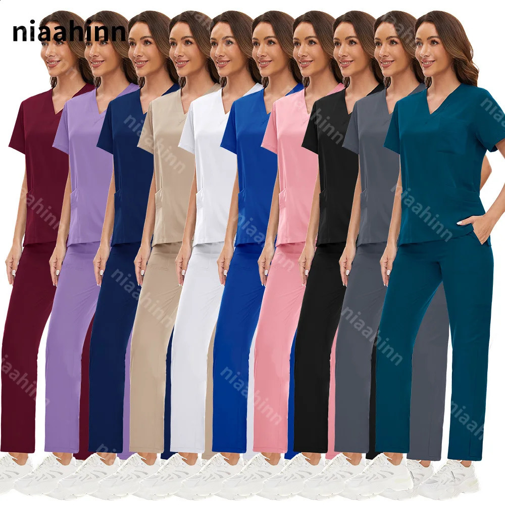 Unisex Vneck Nurse Uniform Hospital Scurbs Set Women Oral Dental Doctor Workwear Short Sleeve Surgery Work Suit 241017