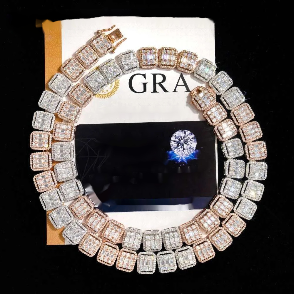 Pass Dia Tester 2 Tones Hip Hop Jewelry Necklace Sier 13MM Baguette Cluster Moissanite Iced Out Tennis Chain