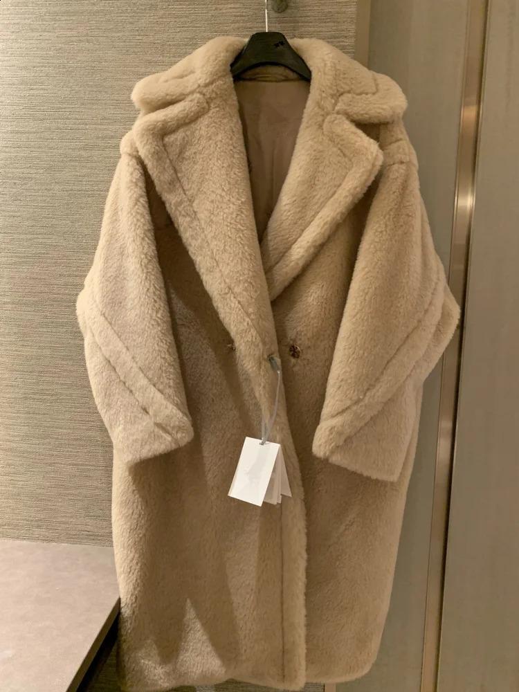 Real Fur Long Coat Winter Jacket Women 100% Wool Woven Fabric Thick Warm Loose Outerwear Oversize Streetwear Teddy 241021