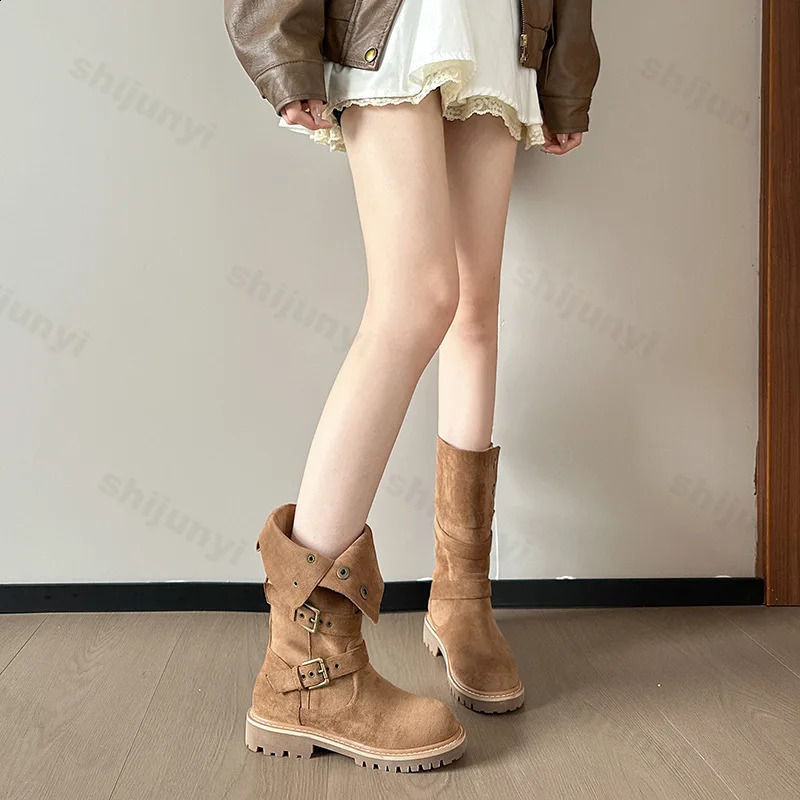 Fashion Buckle Women Suede Leather Handmade Round Toe Spike Heel Boots Autumn Winter Western Mid-Calf Booties 241021
