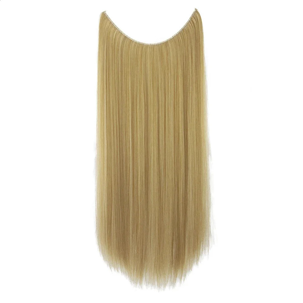 22 26 Long Straight Blonde Synthetic Halo Hair S Fish E Invisible Hairpiece Fake For Girls 241021