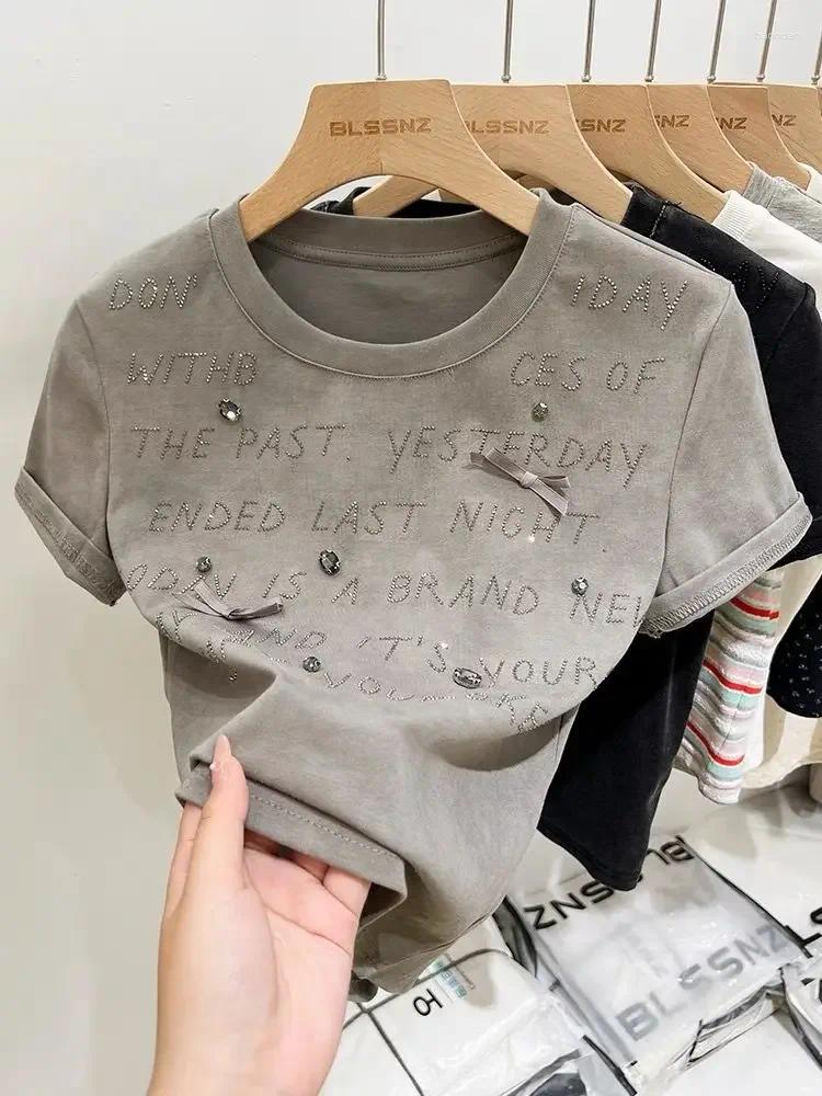 Women's T Shirts Fashion Versatile Casual Heavy Industry Diamond Letter Short Sleeve T-Shirt 2024 Summer Slim-fit Crew Neck Top