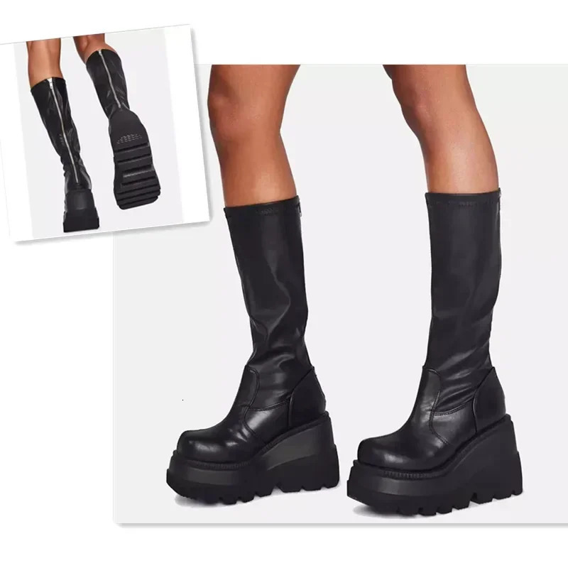 Punk platform elastic ultra-fine fiber thick high heels mid calf boots spring/summer black gothic womens shoes 241022 4