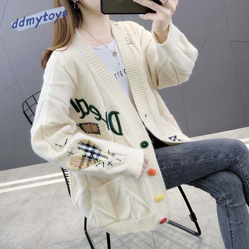 Ddmytoys Autumn Winter New Korean Embroidered Cardigan Women Loose And Lazy Style Knitted Sweater For Slimming Women S Coat F1023#62