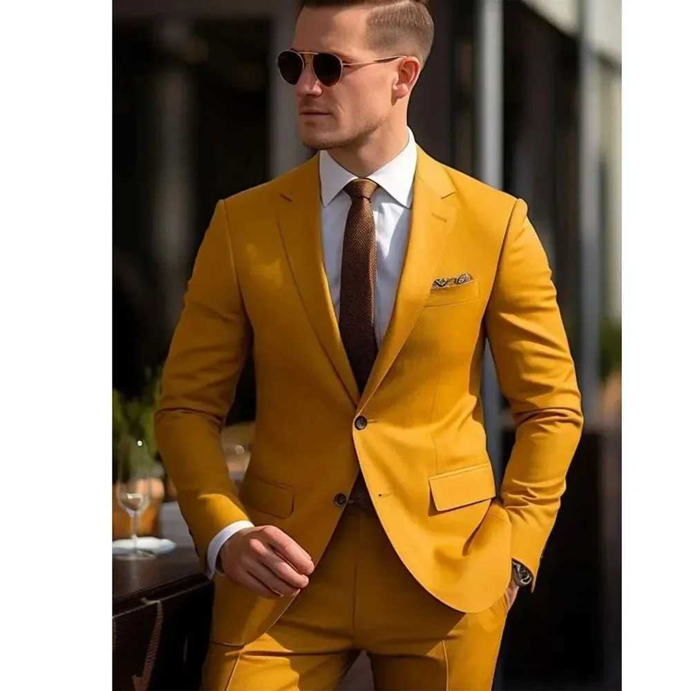 High Quality Men Suits Yellow Single Breasted Skinny 2 Pieces Jacket Pants Set Formal Wedding Outfits Costume Homme LX241022