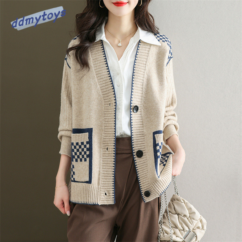 Ddmytoys Splicing Grid Knitted Cardigan For Autumn And Winter New V Neck Sweater Jacket Korean Version Women S Loose Fashion F1023#40