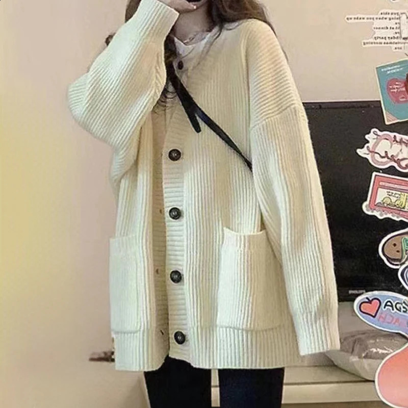 Women Chunky Cardigan Sweaters Button Up Vneck Front Pocket Soft Knitted Jacket Cozy Vibe Teengirl Fall Winter Outfit 241021