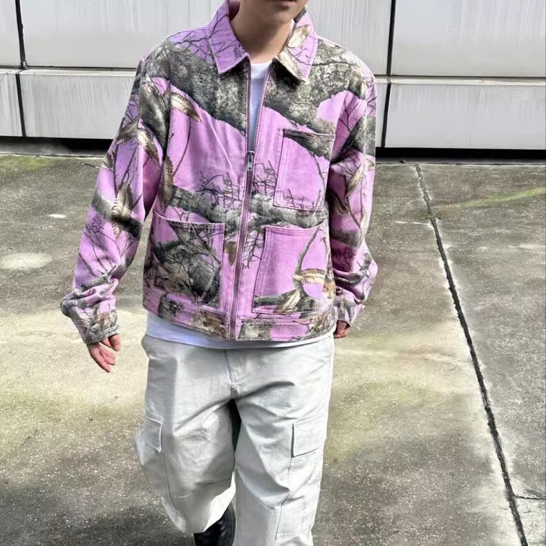 2024 New Classic REALTREE Camo Embroidered Pink BEACH Cotton Multi Pocket Denim Zipper Workwear Jacket Wt994