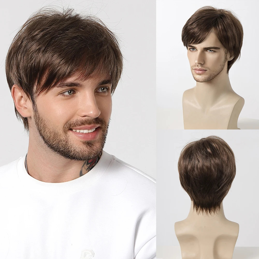 Bob Pixie Cut Wig for Men Light Brown Short Straight Synthetic Layered Wig with Bangs Natural Looking Hair for Cosplay Daily 241102
