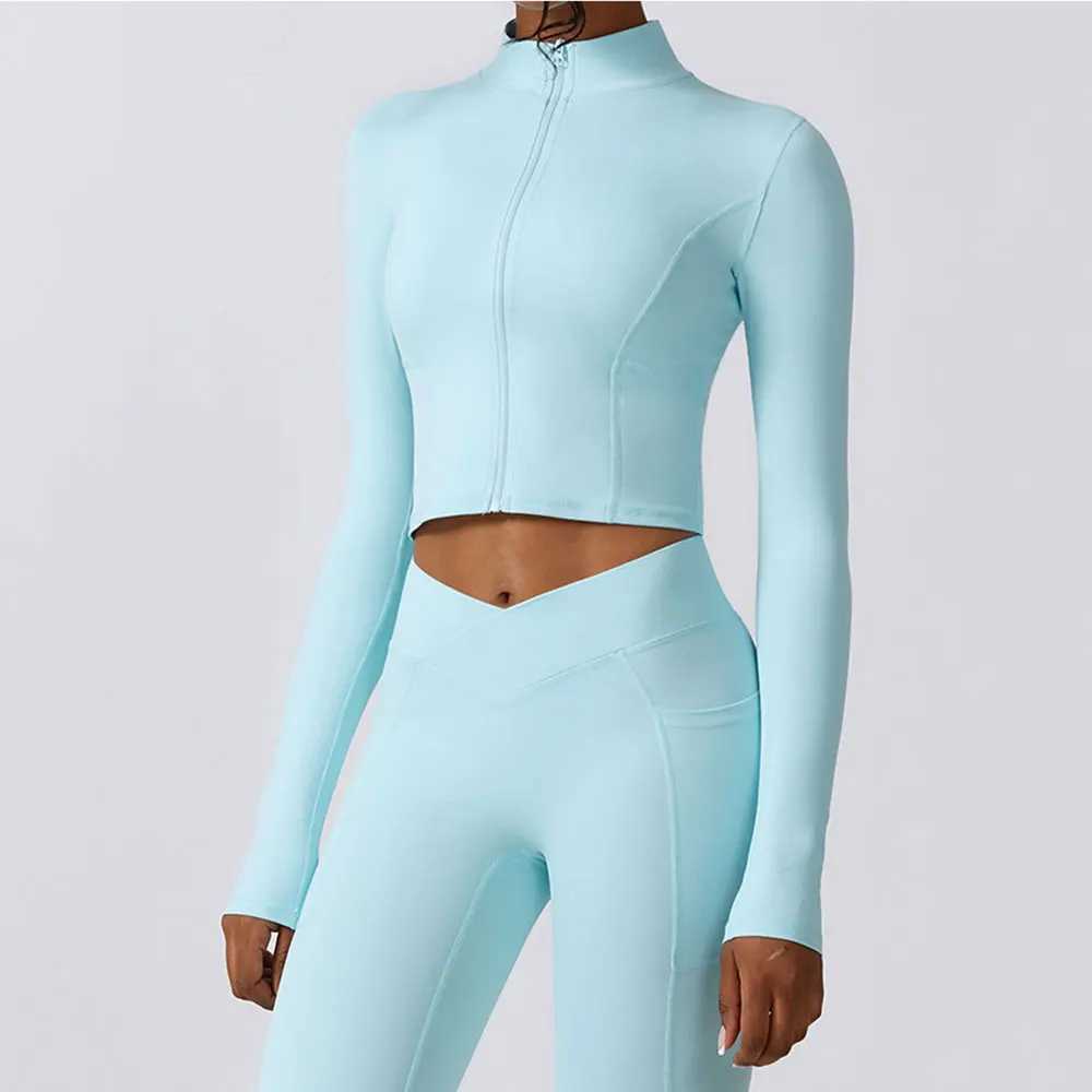 Zipper sports top womens gym long sleeved fitness jacket running womens clothing running exercise tight fitness top yoga shirt W250326