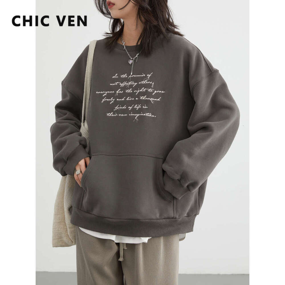 CHIC VEN Women's Sweatshirts O Neck Loose Casual Plush Letters Embroidered Thick Warm Woman Sport Coat Winter Autumn 250526