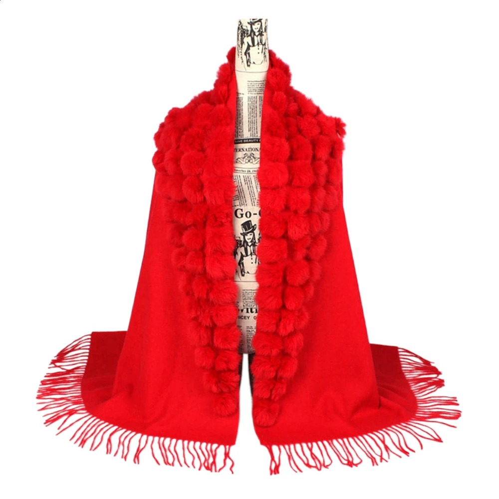 ZDFURS * Scarf Womens Winter Thick True Rabbit Fur Leather Pong Ball Shawl and Womens Wool Cover Cashmere Pashmina 241022bj