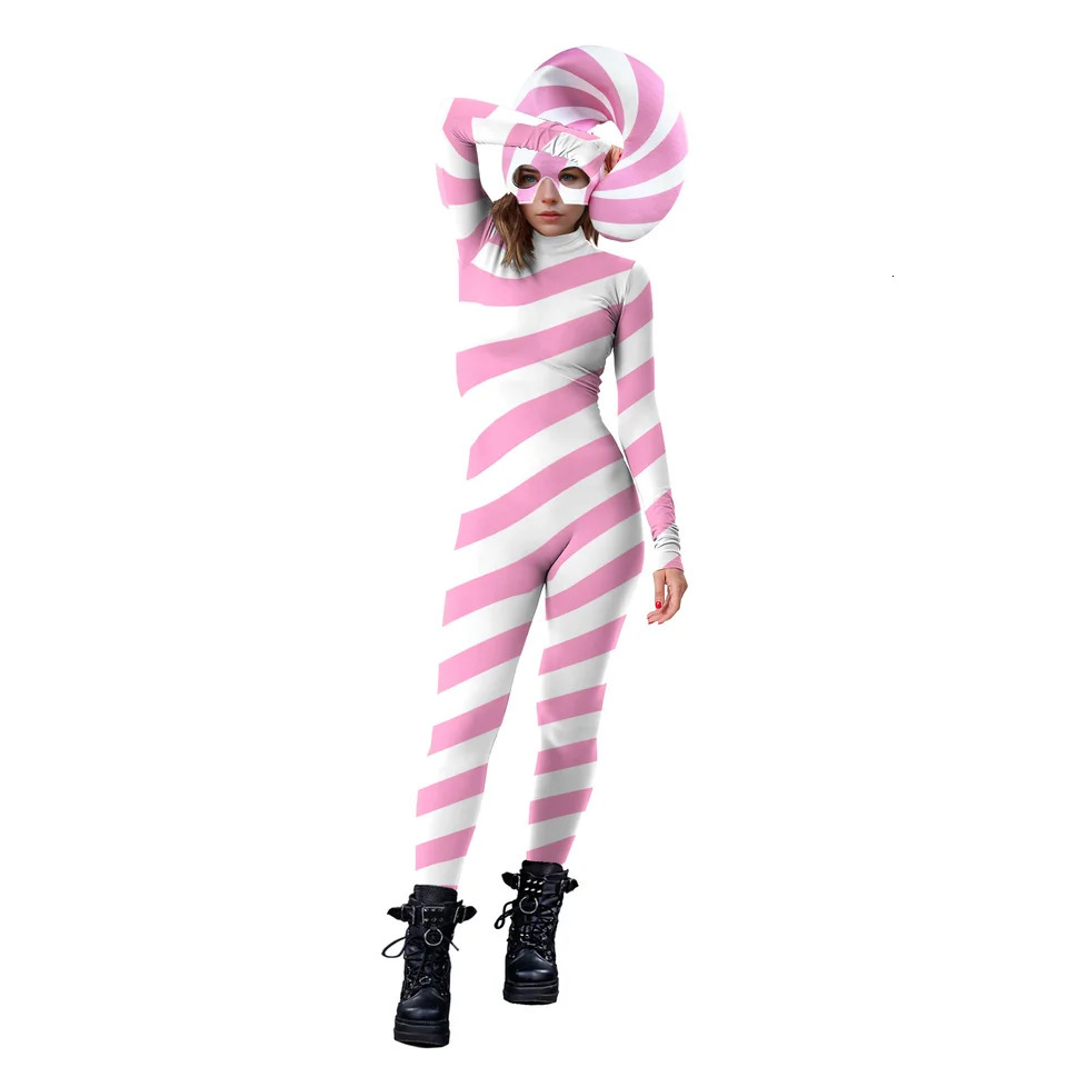 Color Cosplayer Candy Cane Jumpsuit Stripe Cosplay Costume Halloween Outfit Festival Bodysuit Christmas Party Zentai Suit 241022