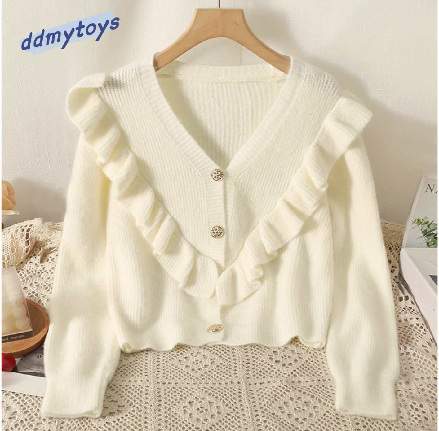 Ddmytoys Autumn And Winter New Design Sense Ruffle Solid Color Sweater Black Fungus Edge Knitted Cardigan Women S Loose Sweater Jacket F1023#45