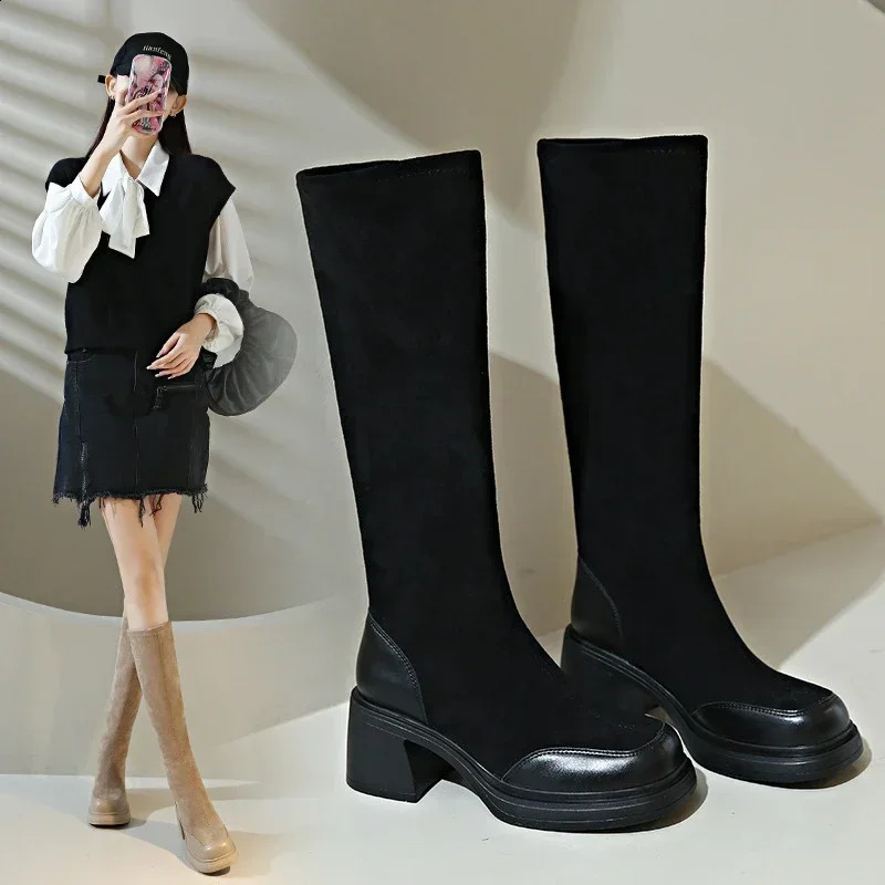 Fashion Knee High Women Chunky Heels Punk Long Boots Patchwork Ladies Shoes Thick Bottom Platform Botas 241021