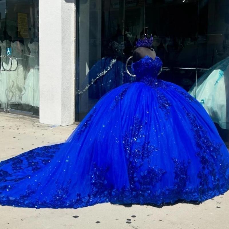 Charming Royal Blue Shiny Princess Quinceanera Dresses Ball Gown Sequins Applique Beading Corset Sweet 16 Dress Vestido De 15 Anos