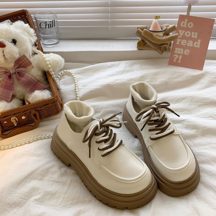 Leather Shoes: Vintage Round Toe Platform Shoes, Black/Beige 66e7