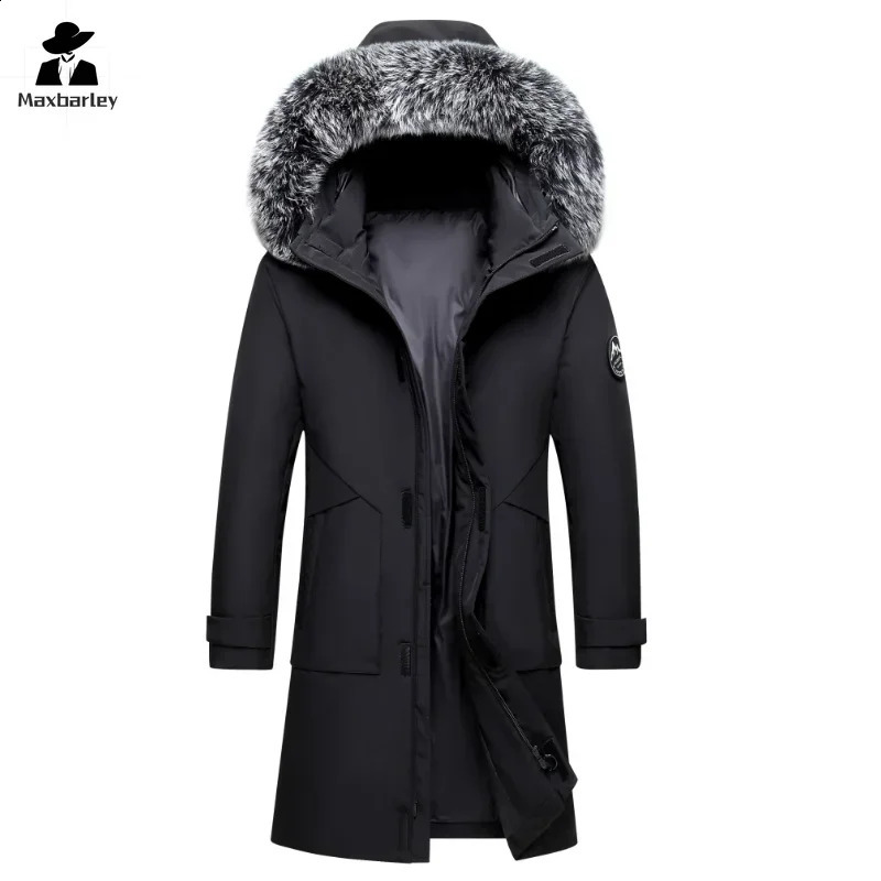Winter long mens down jacket and fashionable hooded large fur collar warm white duck down jacket mens casual windproof Parka 241021