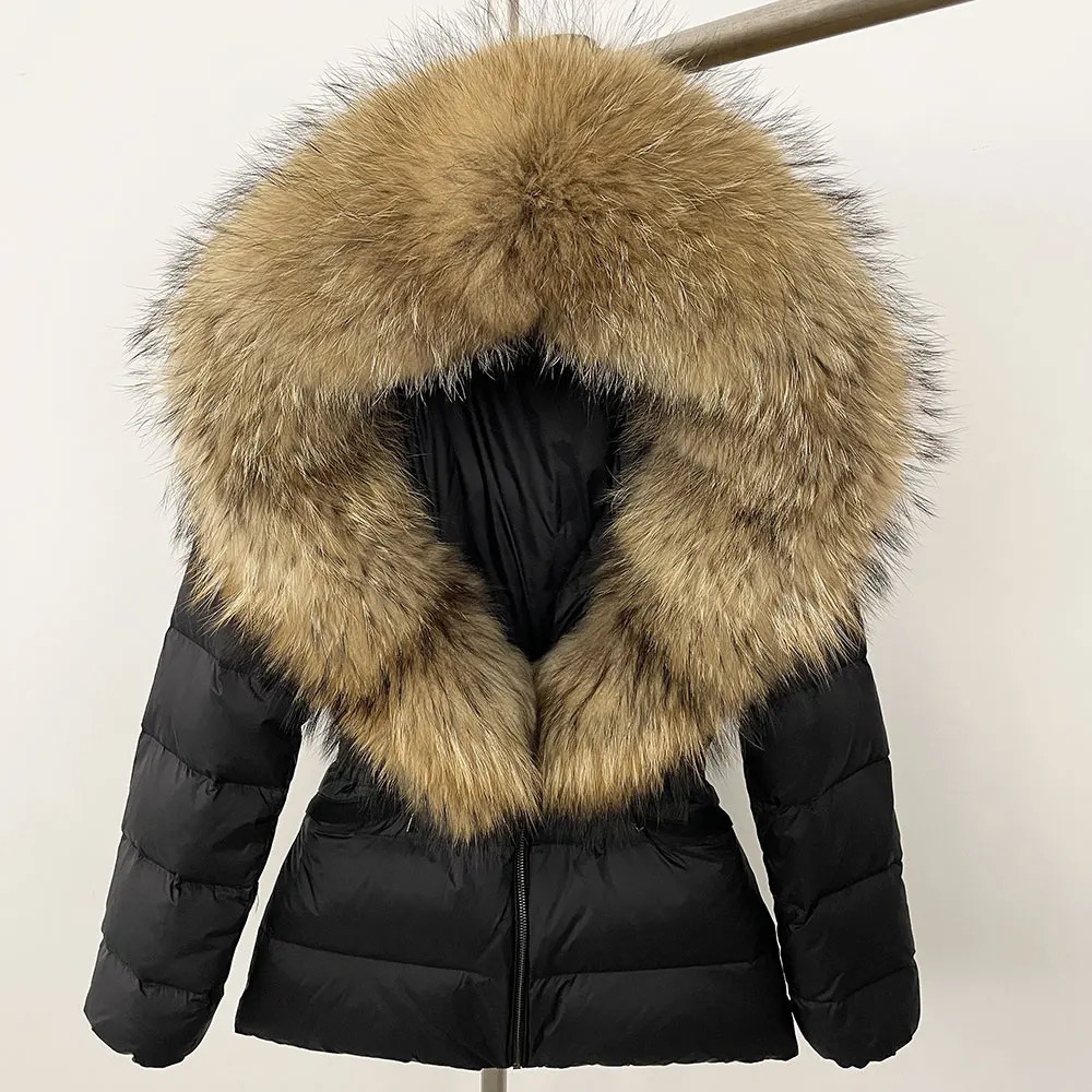 Winter Women Hooded White Duck Down Coat Natural Real Raccoon Fox Fur Collar Jacket Belt Thick Warm Casual Outerwear 241022