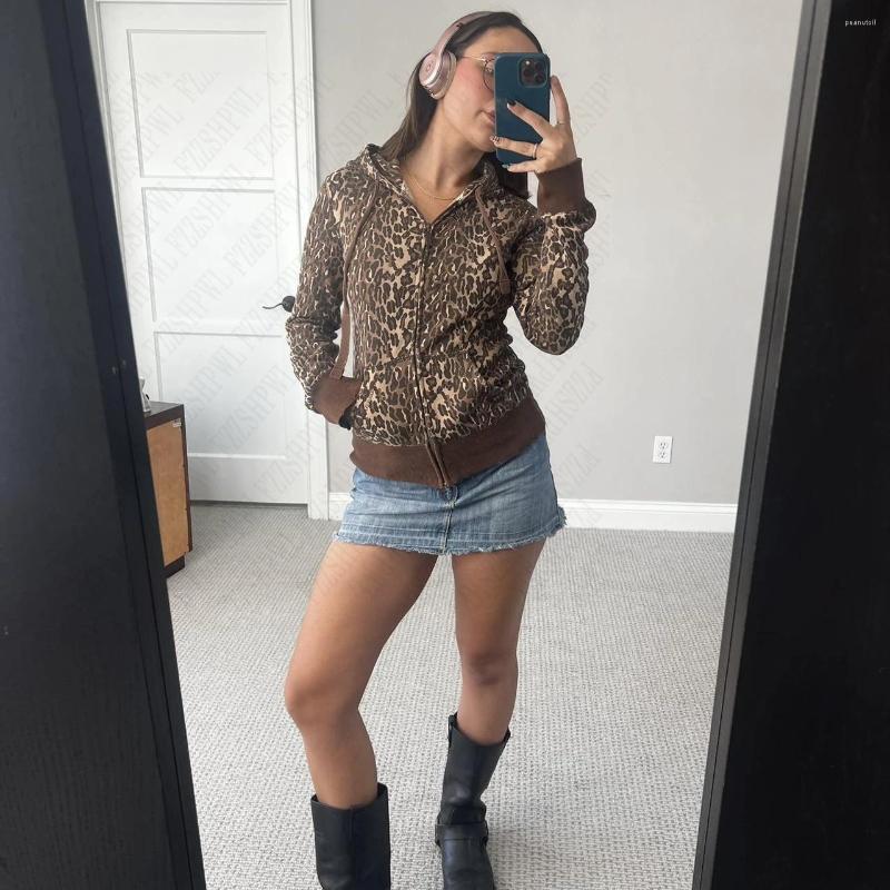 Women's Hoodies Leopard Print Sweatshirts Vintage Grunge Drawstring Womens Coats Autumn Zippers Casual Aesthetic Slim Streetwear EMO B3