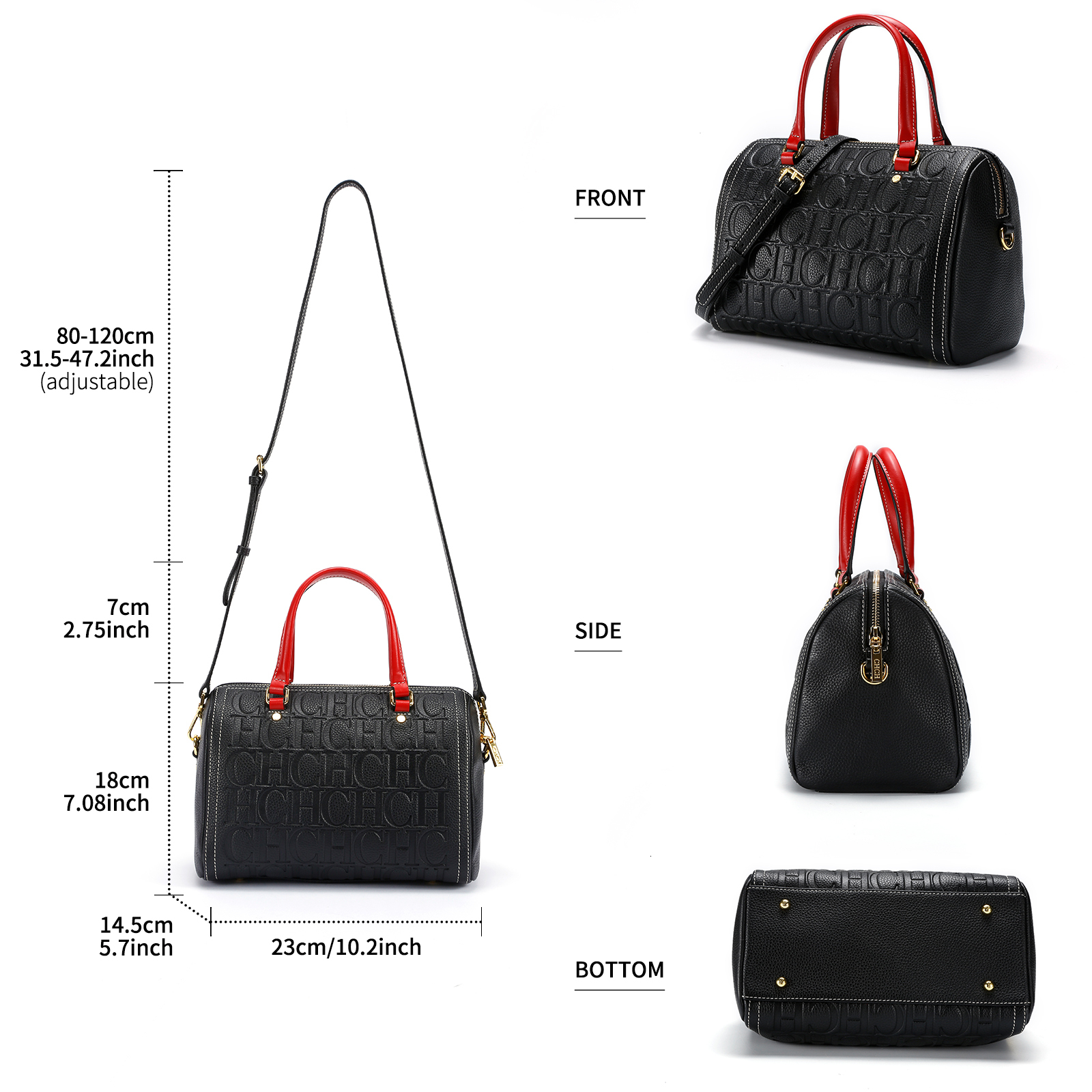 CHCH Women's Shoulder 2024 New Black Cow Leather Letter Emed Zipper Tote Bag 26*14.5*18Cm