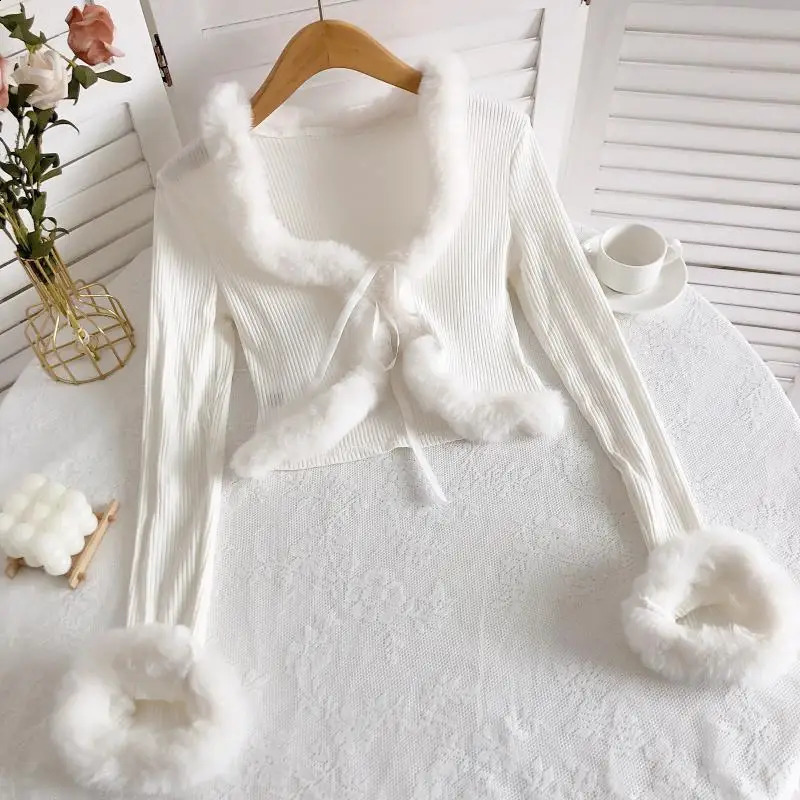 V-neck fur sleeves knitted cardigan top black and white slim fit Y2k Korean fashion jacket lace top sweater womens knitted pull rod womens 241021