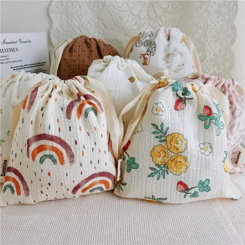 Printed Flower Mommy Bag Baby Diaper Bag Cotton Nappy String Pocket Stroller Carry Pack Travel Outdoor Diaper Storage BagC250326