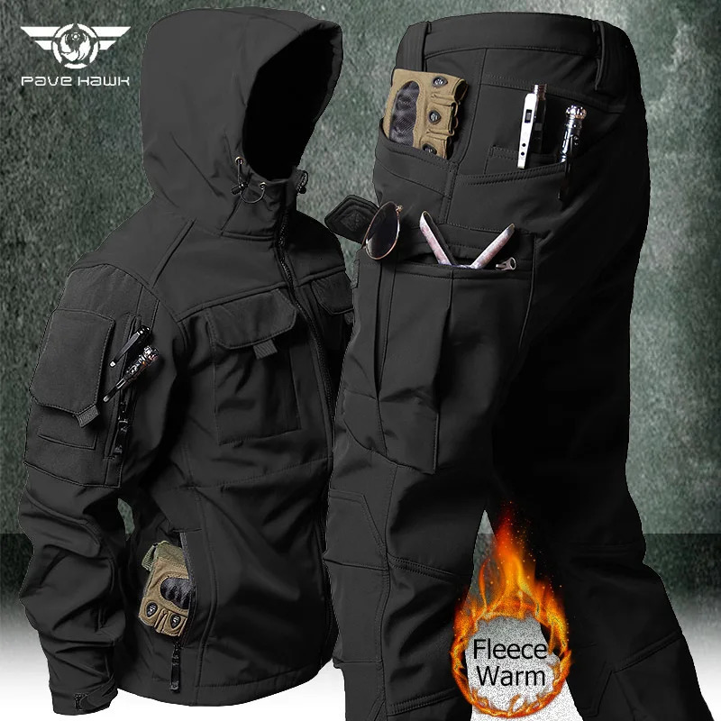 Outdoor tactical suit mens military multi pocket hooded work jacketwindproof and waterproof wool cargo pants winter shark skin set 241022