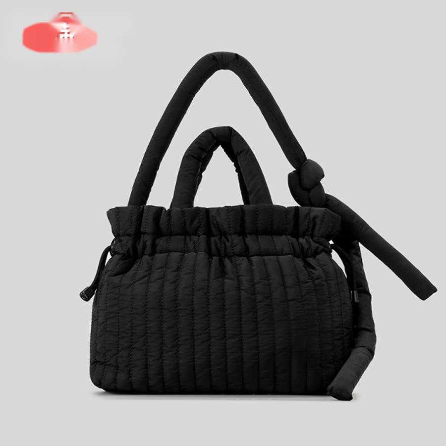 CMM Autumn Winter Fluffy Drawstring Shoulder Bag Nylon Cloth Clip Cotton Folded Cloud Bag Striped Large Capacity Tote Bag Women 241015