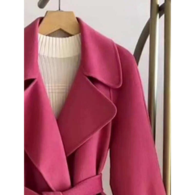 French Hepburn Style Double-Sided Cashmere Coat, Light High-End Feeg, Rose Pink Woolen Coat Women