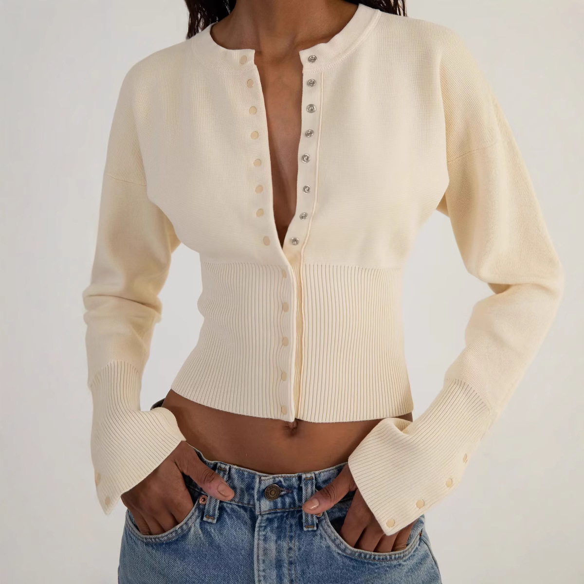 Women's Blouses Women Cardigan Sweaters Long Sleeve Open Front Button Down Crop Cardigans Slim Fitted Casual Knit Outwear
