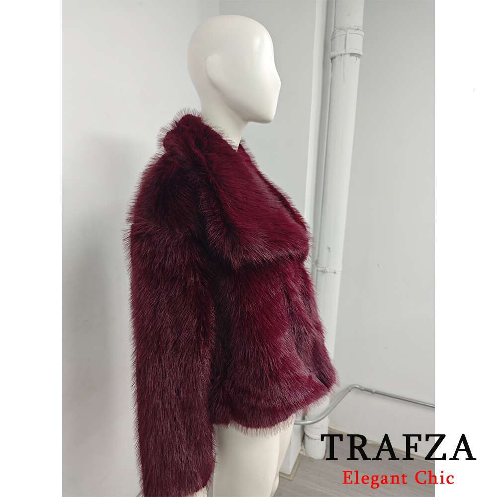 Trafza-Women Ancora Red Solid Faux Fur Jacket Big Lapel New 2024 Autumn Winter Fashion Slouchy Bury Coat