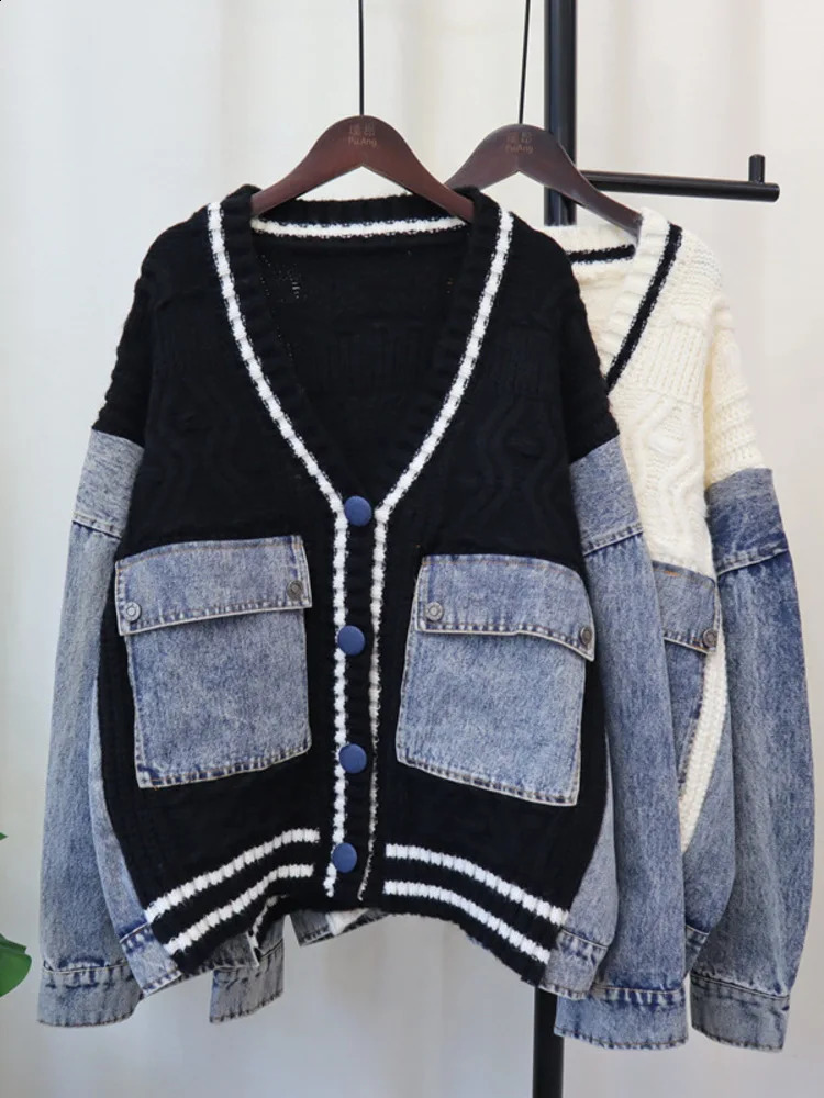 Large fashion style V-neck denim patchwork knitted cardigan loose womens clothing winter autumn item 16O1104 241021
