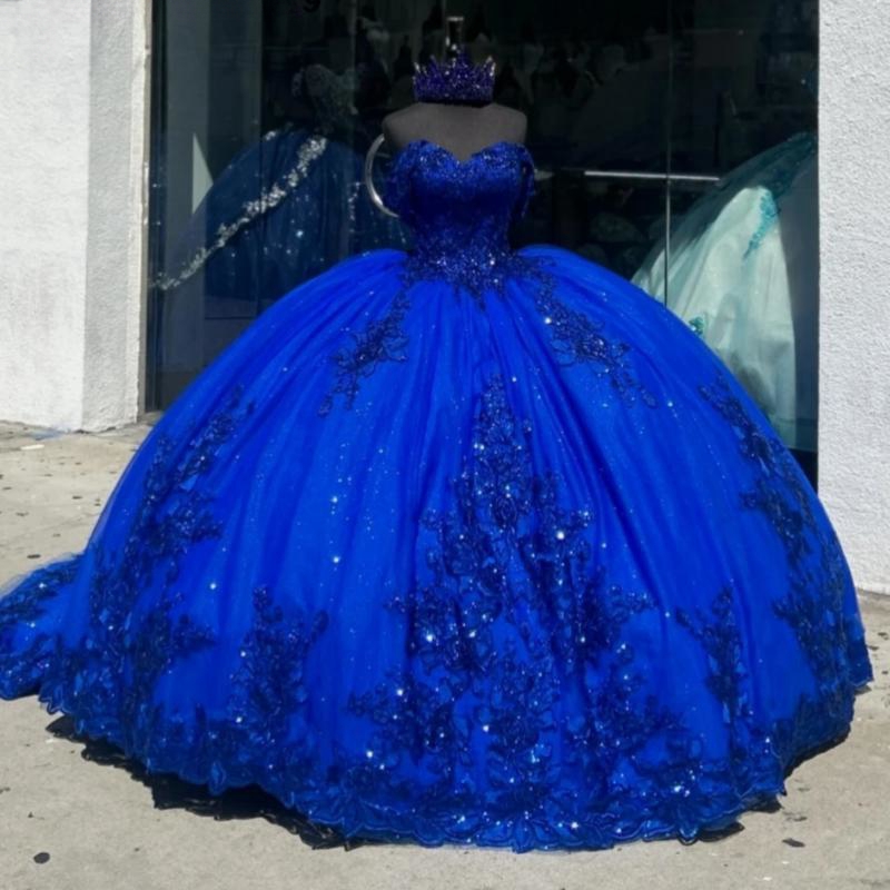 Charming Royal Blue Shiny Princess Quinceanera Dresses Ball Gown Sequins Applique Beading Corset Sweet 16 Dress Vestido De 15 Anos