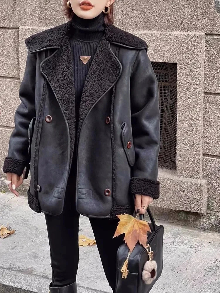 womens fashionable fur coat for winter 2024 featuring a large lapel navy blue collar aged thick long sleeves and a warm jacket 241021