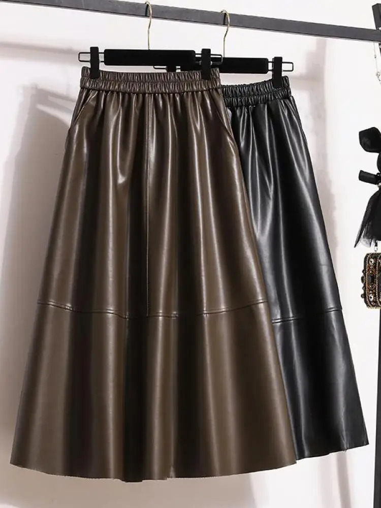 Fashionable black elegant Pu leather pleated long skirt for women brown elegant high waisted plus size A-line party dress for women style 241021 - view 4