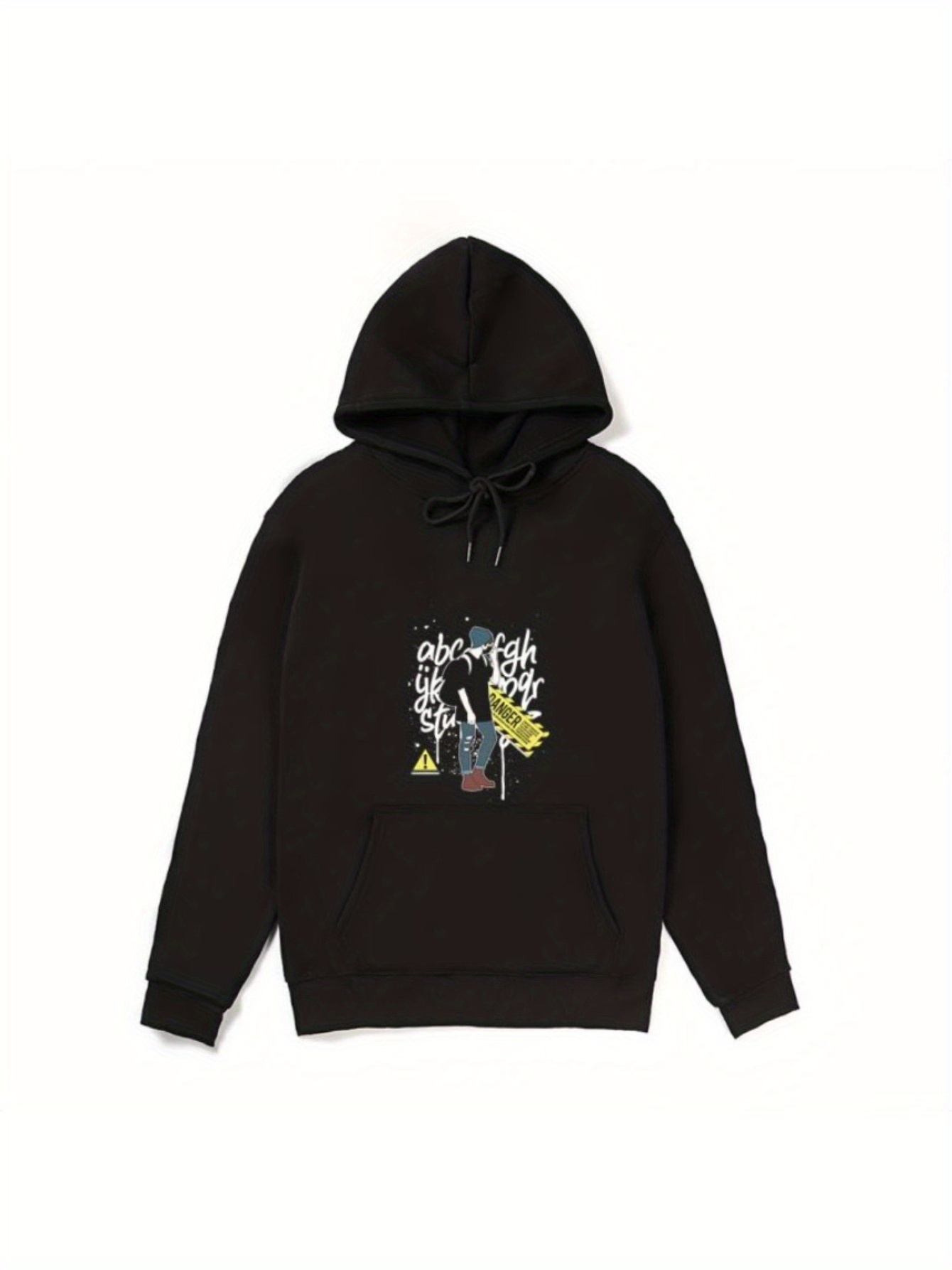 Black. Men's clothing. Outdoor clothes. Hooded black hoodie warm, 270g. Encounter cartoon trendy street figure pattern. A great gift choice