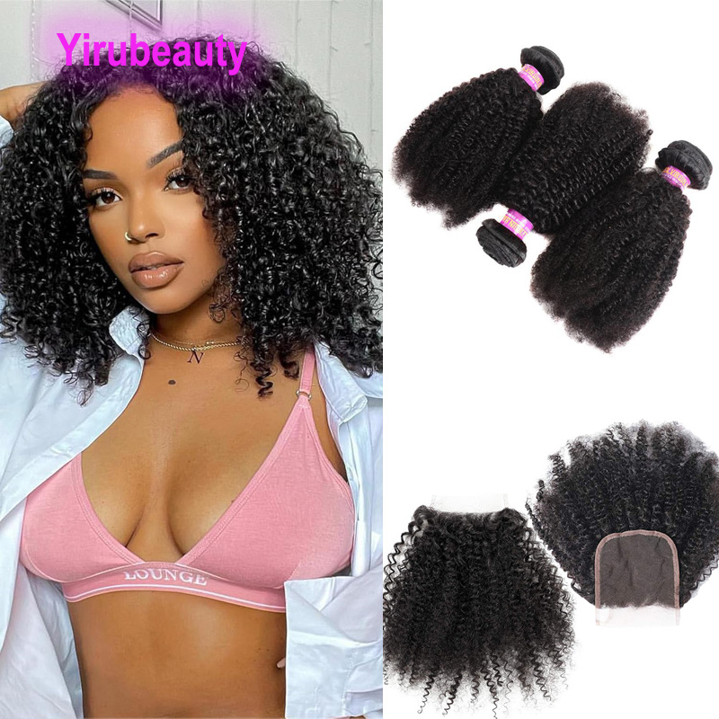 Brazilian Human Hair Afro Kinky Curly 3 Bundles With 4X4 Lace Closure Little Curl 4 PCS/lot 30inch Free Part Natural Color