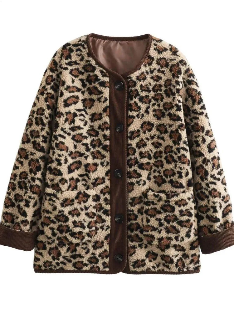 Fashion comparison leopard print single chest jacket elegant womens O-neck long sleeved pocket jacket womens warm jacket 241021