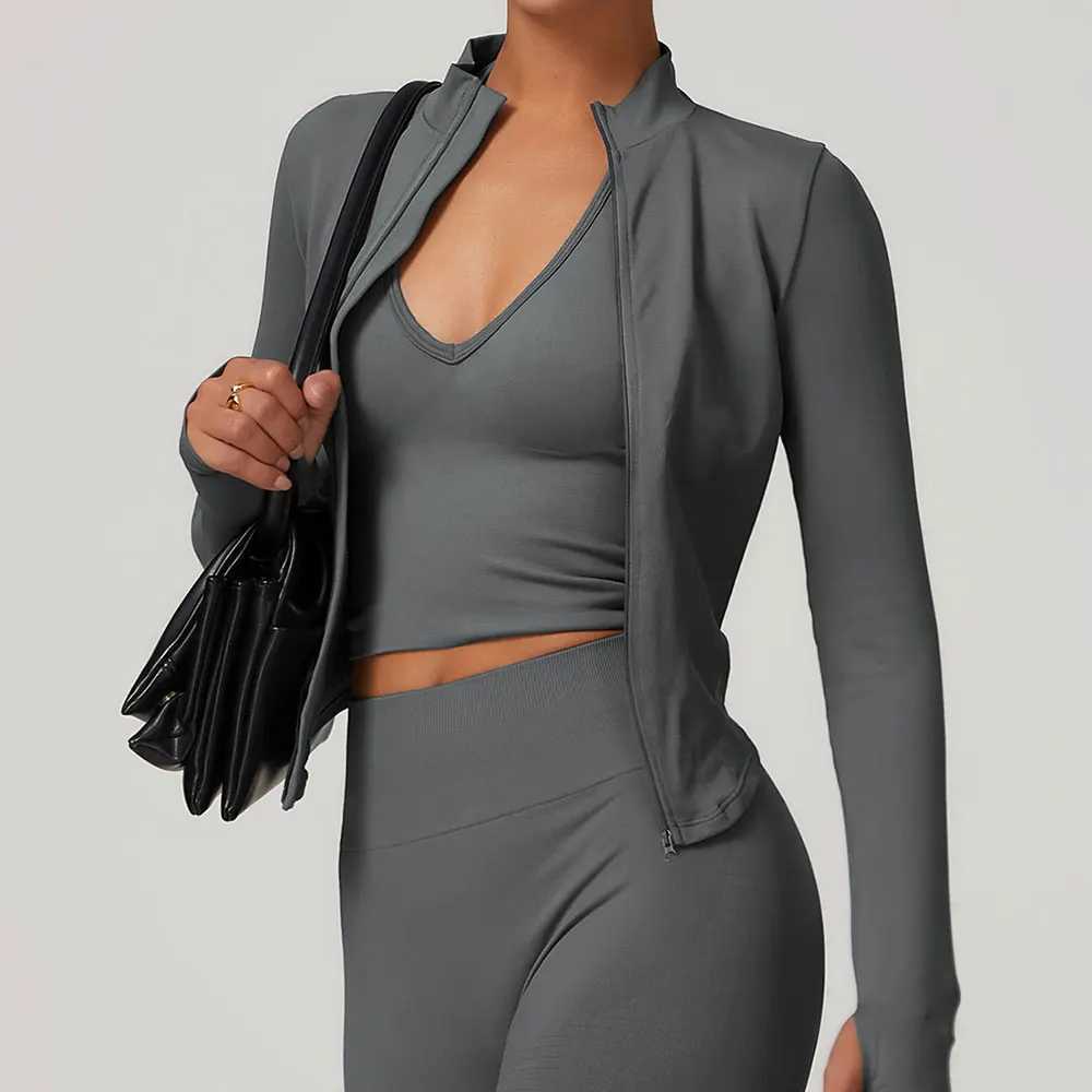 Zipper jacket womens crop top yoga T-shirt solid sports top long sleeved running shirt sexy quick drying fitness gym sportswear W250326