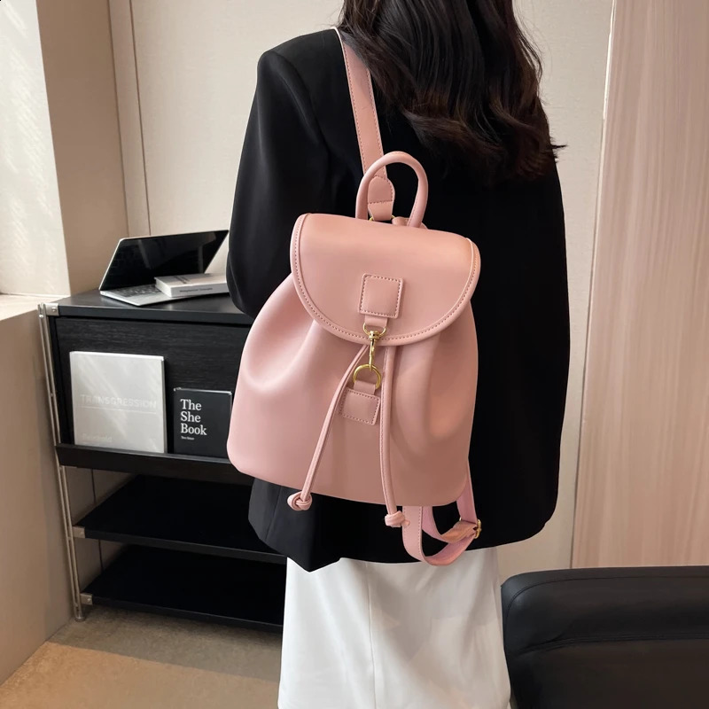 PU leather backpack for women large capacity casual school bag solid drawstring travel shoulder bag Korean fashion backpack 241021