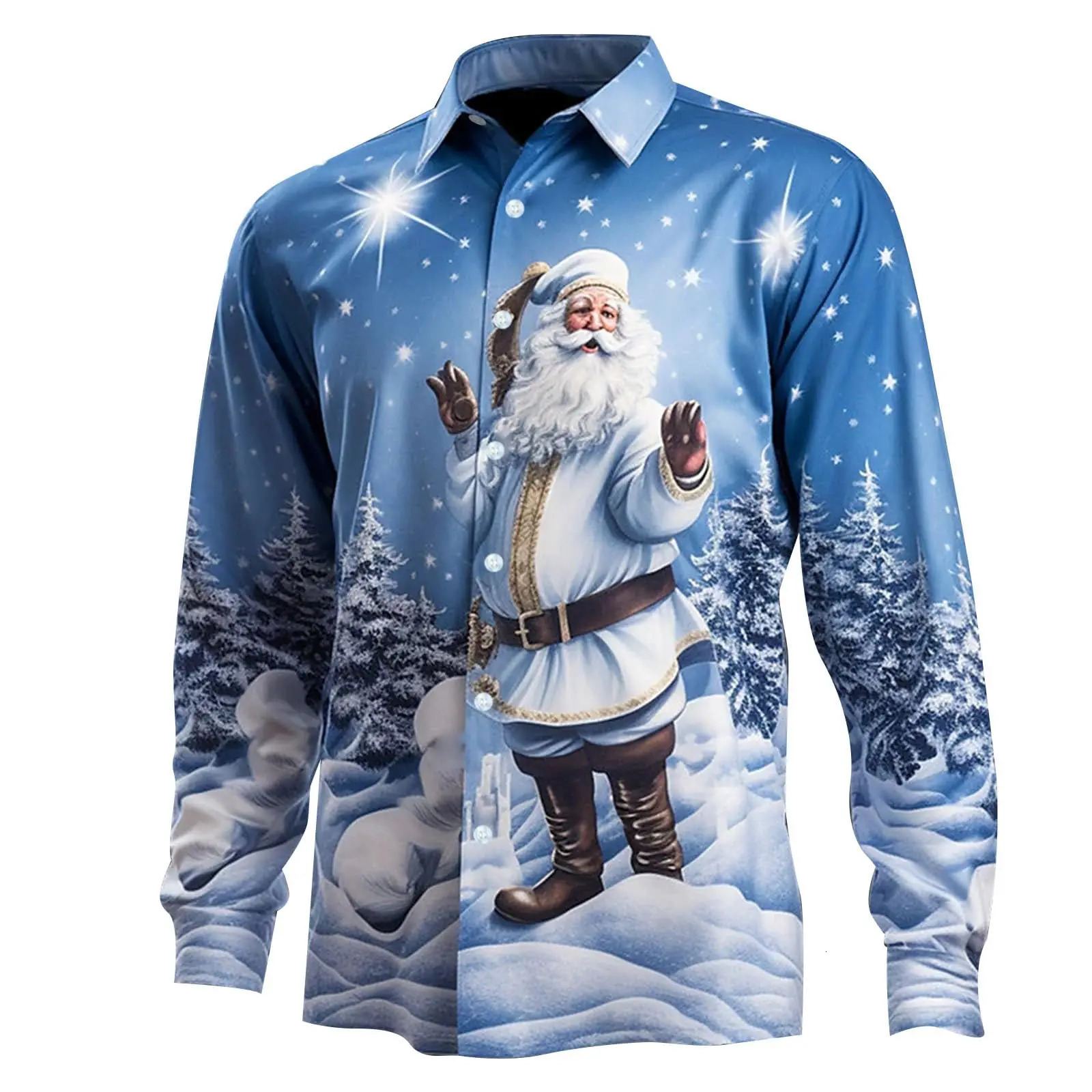 Mens 3D Christmas Bell Fashion Print Single Breasted Long Sleeve Shirt Casual Loose Lapel 241022