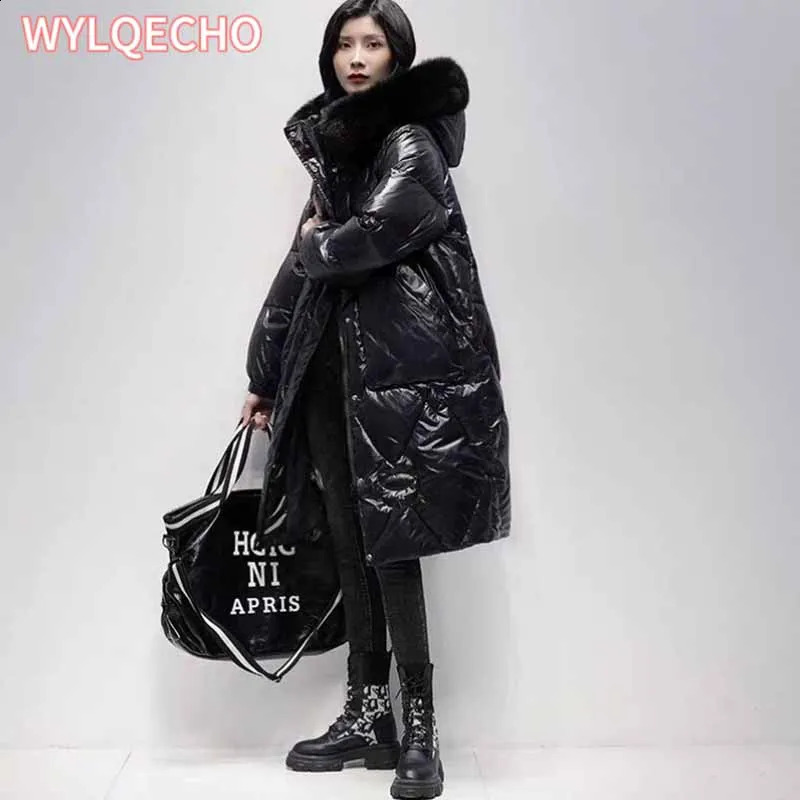 Womens down jacket thickened in winter warm medium length fashionable smooth no down jacket 241021