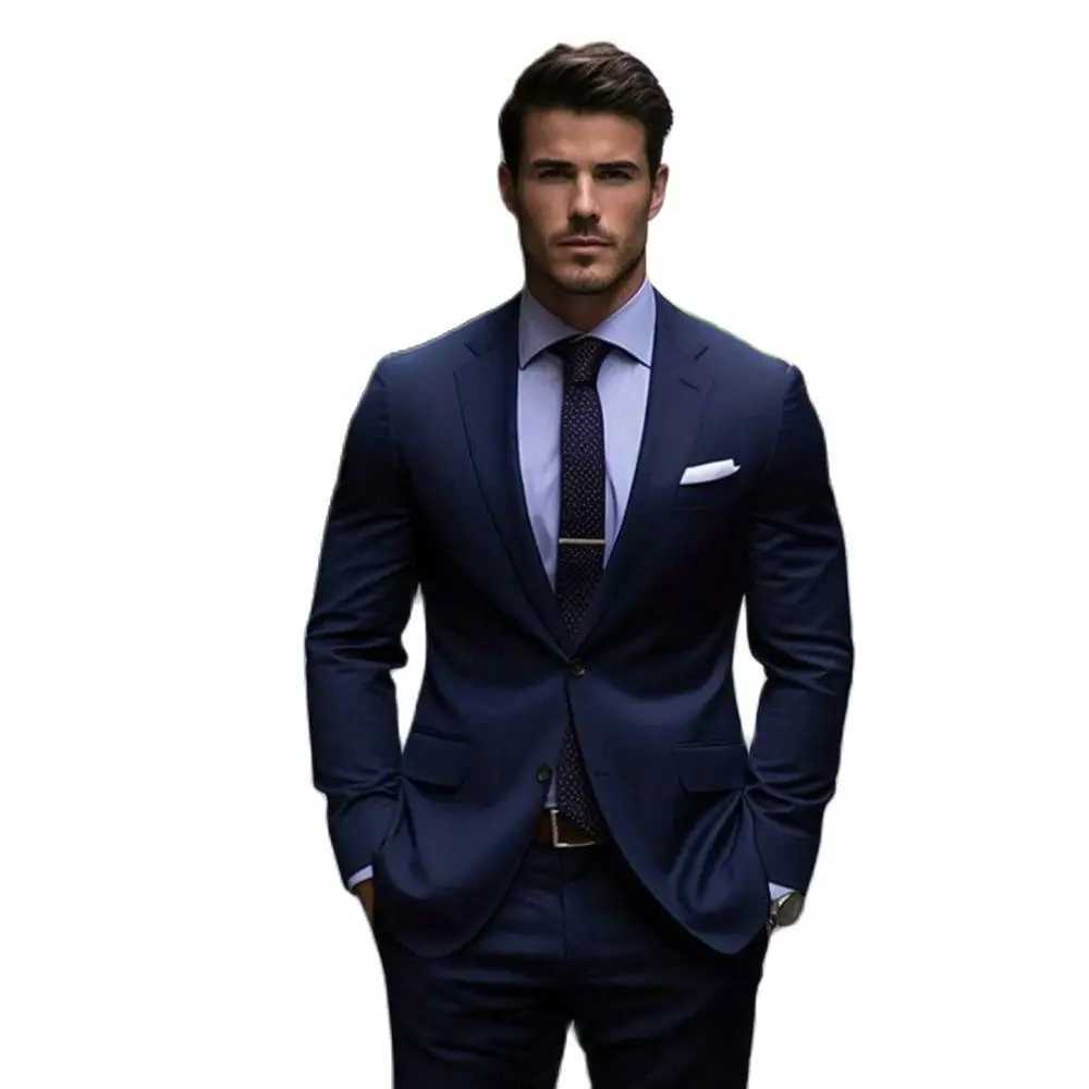 Elegant Navy Blue Solid Men Suits Two Piece Formal Notch Lapel Single Breasted Slim Fit Outfits Office Business Casual Suits LX241022