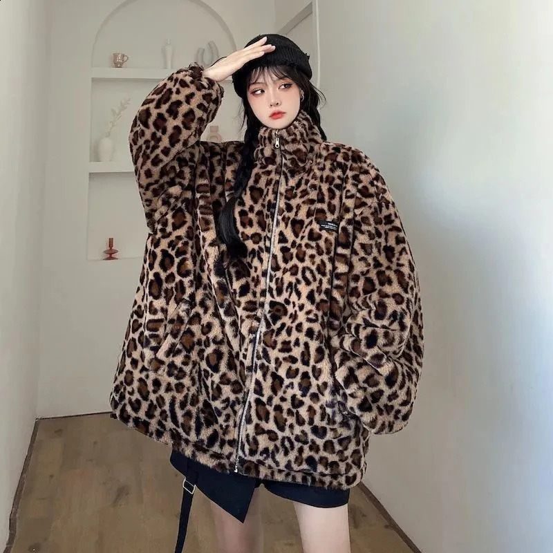 Autumn Pu leopard print jacket womens winter fashion double-sided stand up collar warm jacket Y2K loose streetwear Korean style jacket 241021
