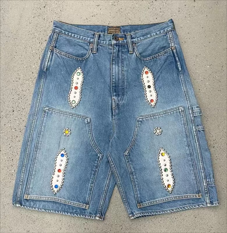Men's Shorts 22SS KAPITAL Non Hirata Hohiro Beading Loose Relaxed Vintage Rivet Colored Diamond Denim Gem Jean