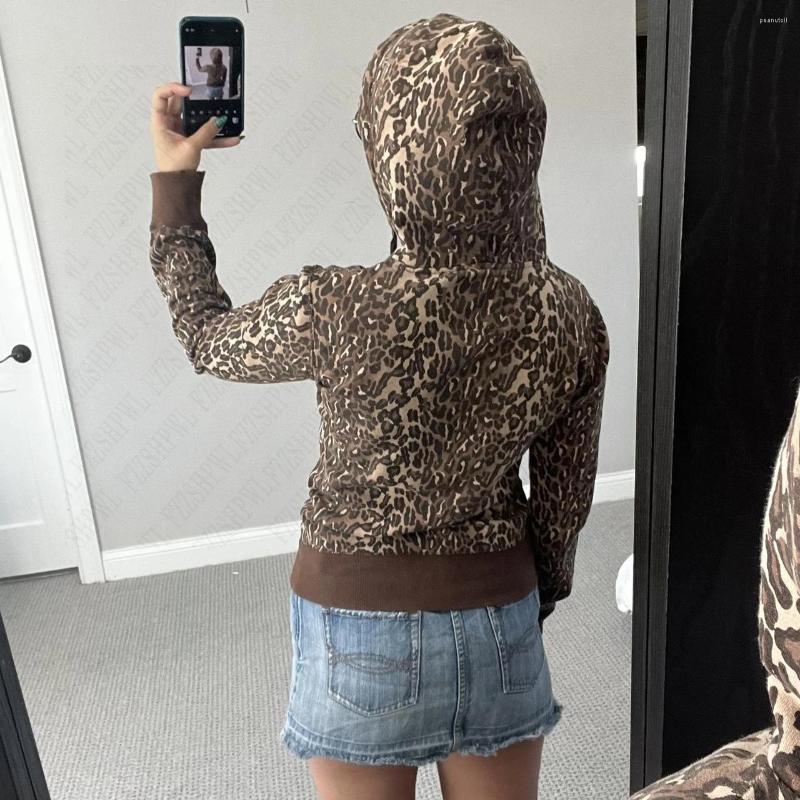 Women's Hoodies Leopard Print Sweatshirts Vintage Grunge Drawstring Womens Coats Autumn Zippers Casual Aesthetic Slim Streetwear EMO B3