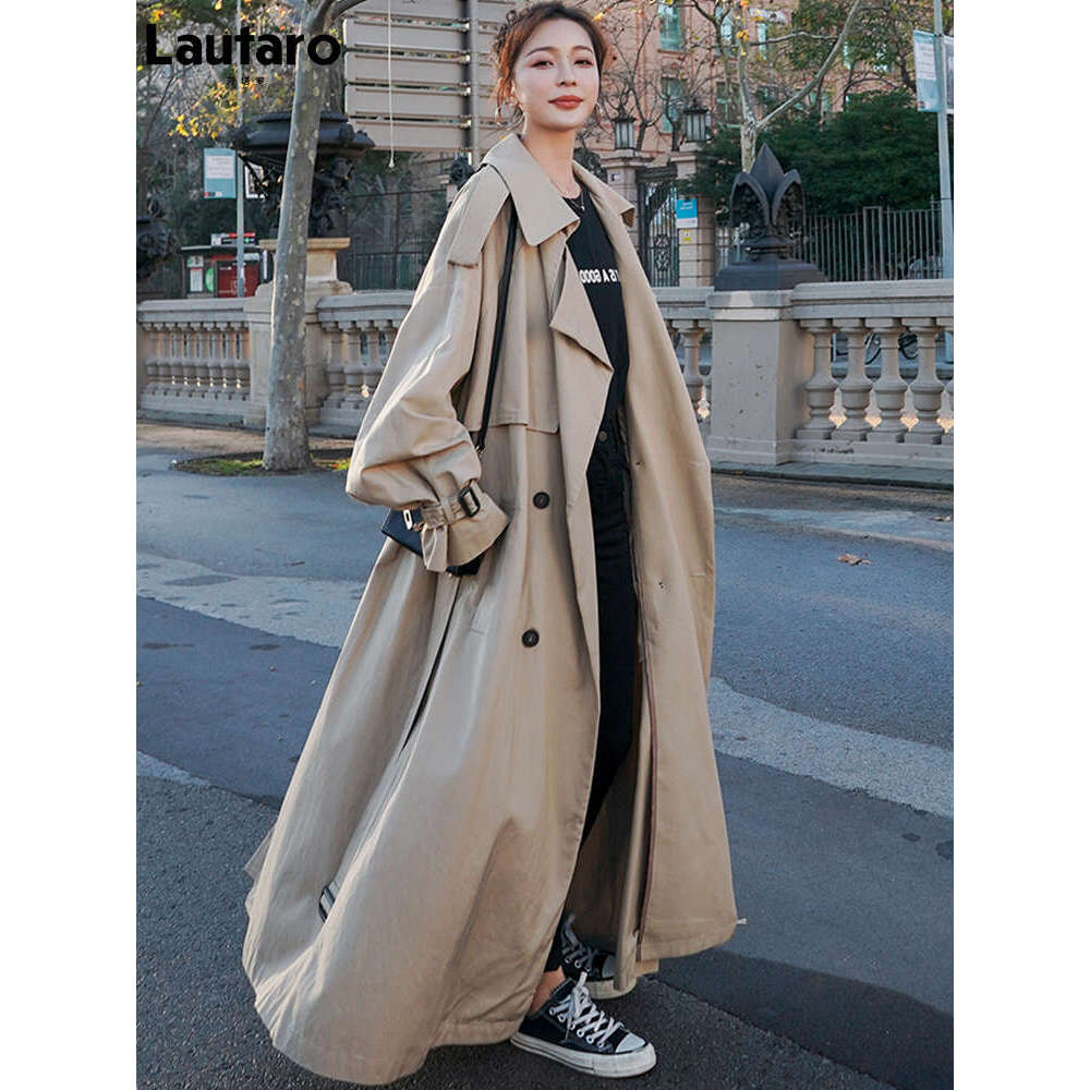 Lautaro Spring Autumn Extra Long Wy Oversized Casual Trench Coat For Women Belt Double Breasted Loose Korean Fashion 2022