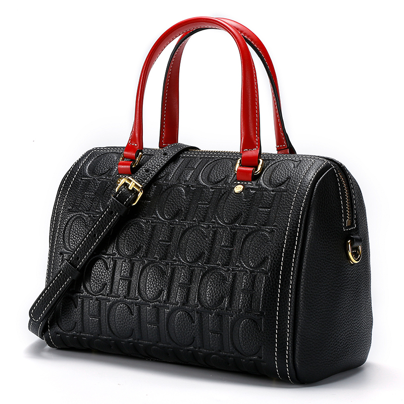 CHCH Women's Shoulder 2024 New Black Cow Leather Letter Emed Zipper Tote Bag 26*14.5*18Cm